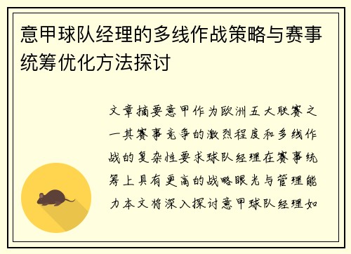 意甲球队经理的多线作战策略与赛事统筹优化方法探讨