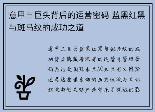 意甲三巨头背后的运营密码 蓝黑红黑与斑马纹的成功之道